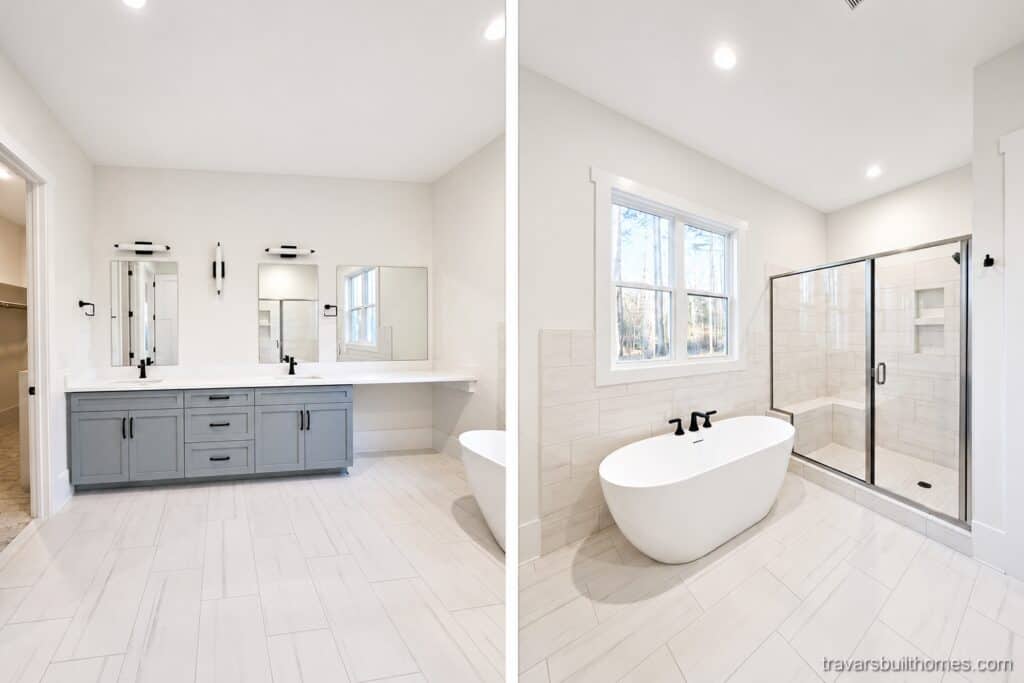 Elegant custom master bathroom showcasing a long light blue dual vanity, a modern freestanding white soaking tub, and a large glass-enclosed walk-in shower, designed by Travars Built Homes.